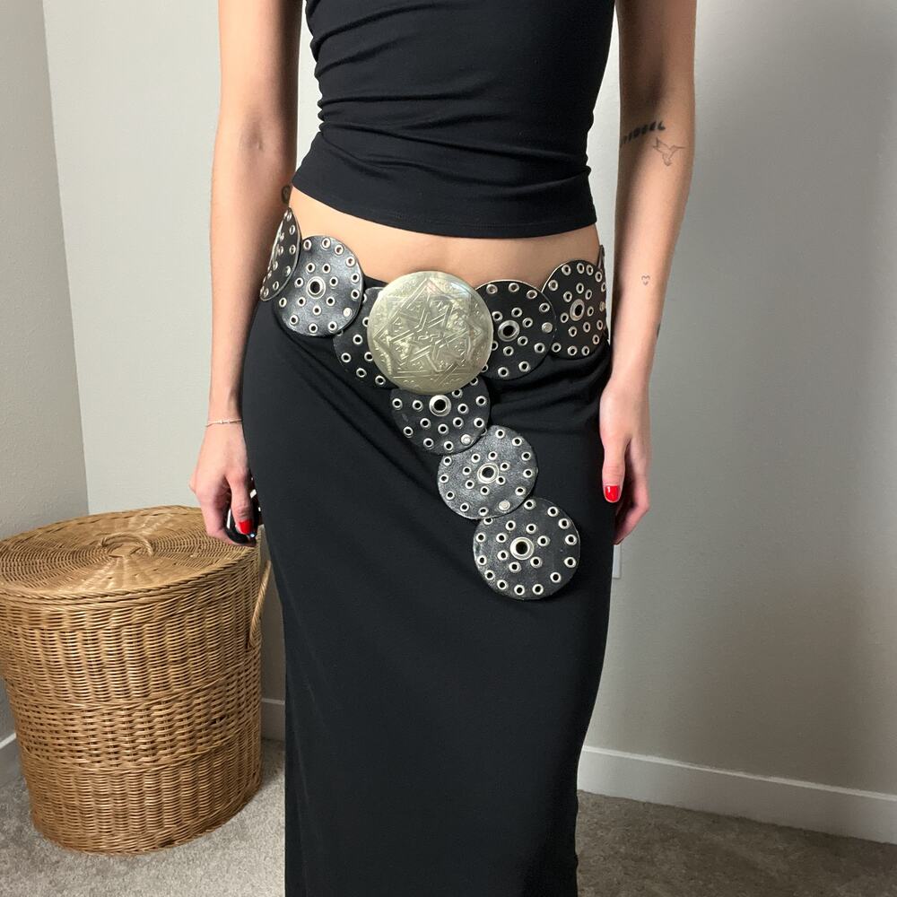 vintage black leather boho western metal studded grommet circle concho belt